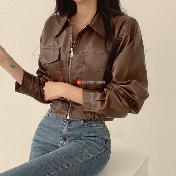 JNK x WENDA - Jaket Wanita Bomber Semi Crop Kulit Sintetis Viena PU Leather Cewek Perempuan Pendek K
