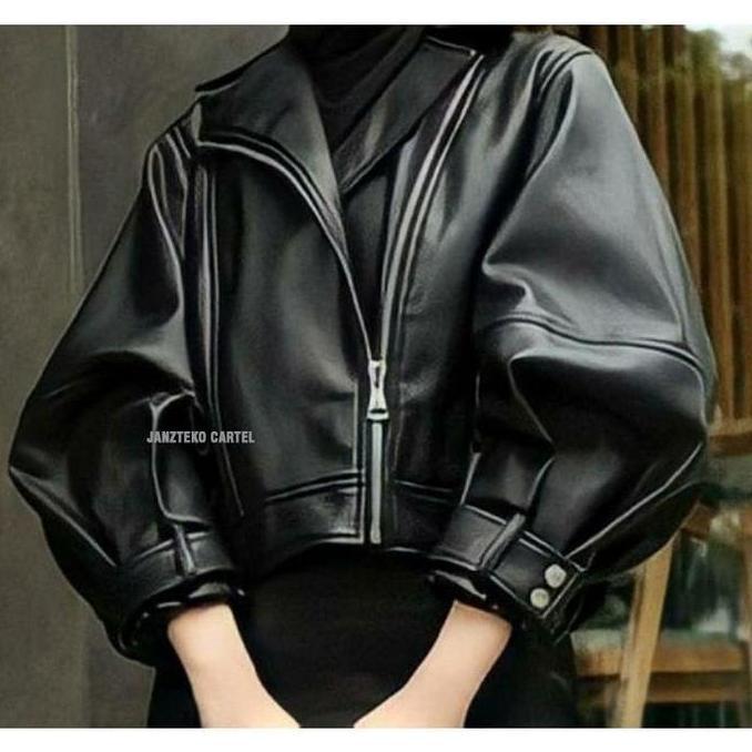 JNK x SALWA - Jaket Wanita Single Breasted Punk Pendek Women Crop Top Longgar Shirt Semi Kulit Sinte