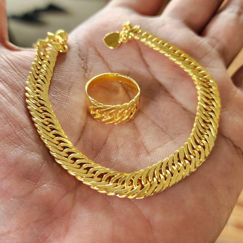 Set Gelang Cincin Rantai Lipan Lapis Emas Asli Kuning 24K