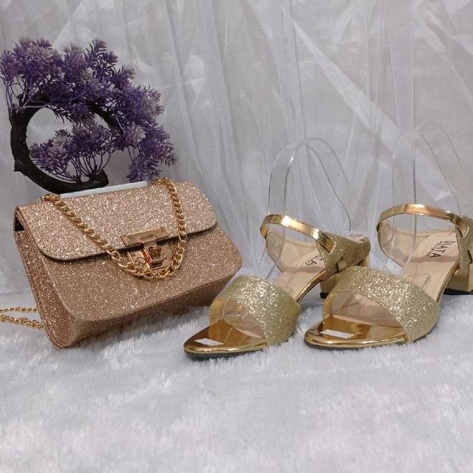 Key- Paket Tas 2In1 Sandal Heels Dan Tas Wanita Gliter Paket Sandal Kondangan Cewek