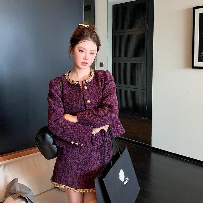 WEWEE MINJI One Set Blezer Korean style Tweed premium Wanita Setelan Baju Blazer Atasan Kancing #200