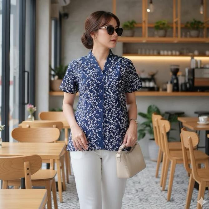 Shanaya baju batik wanita Blus sakura navy model kekinian baju kerja wanita lengan pendek elegan mod