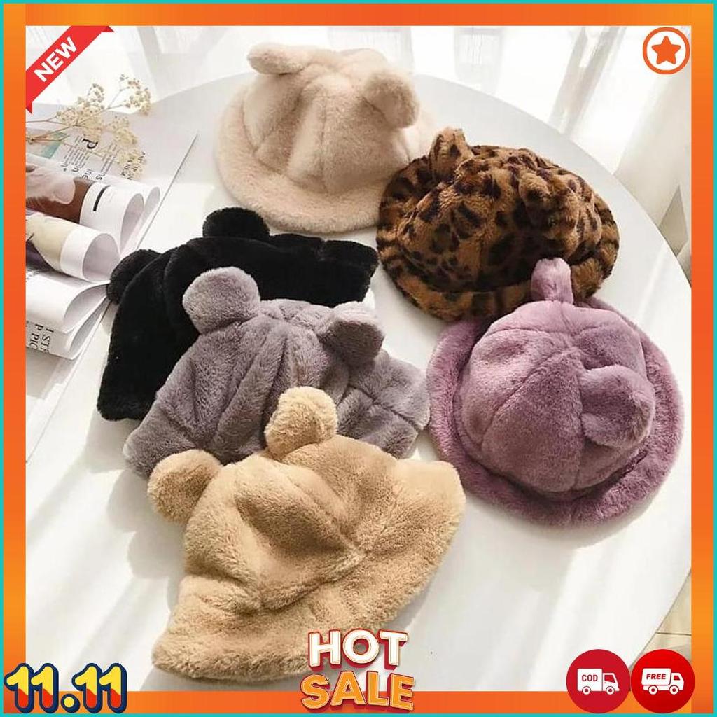 Topi Bucket Bulu Beruang Telinga/Bucket Hat Bulu Lembut Hewan [K2]
