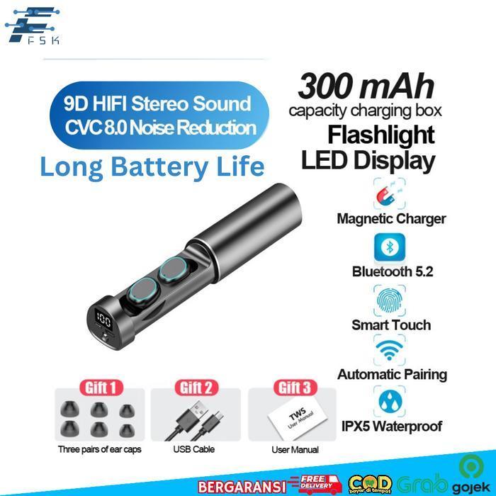 Earphone Bluetooth Headset Tws 5.2 N21 Senter/Flashlight Waterproof