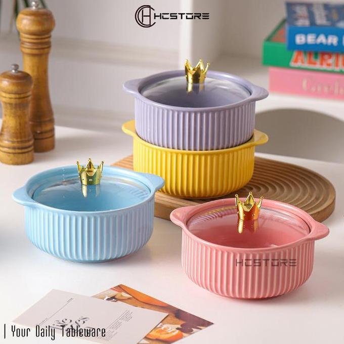 HCSTORE Mangkok Tutup warna ukuran 20cm dengan handle tahan panas mangkuk keramik tutup kaca