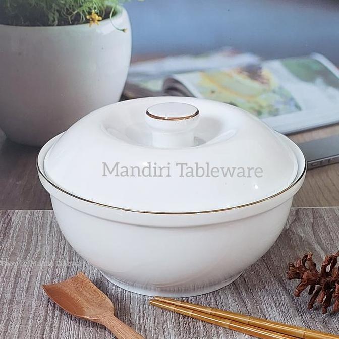 1 Set Mangkok Saji Keramik plus Tutup 23 cm | Mangkok Sayur | Gold Line | Premium Quality