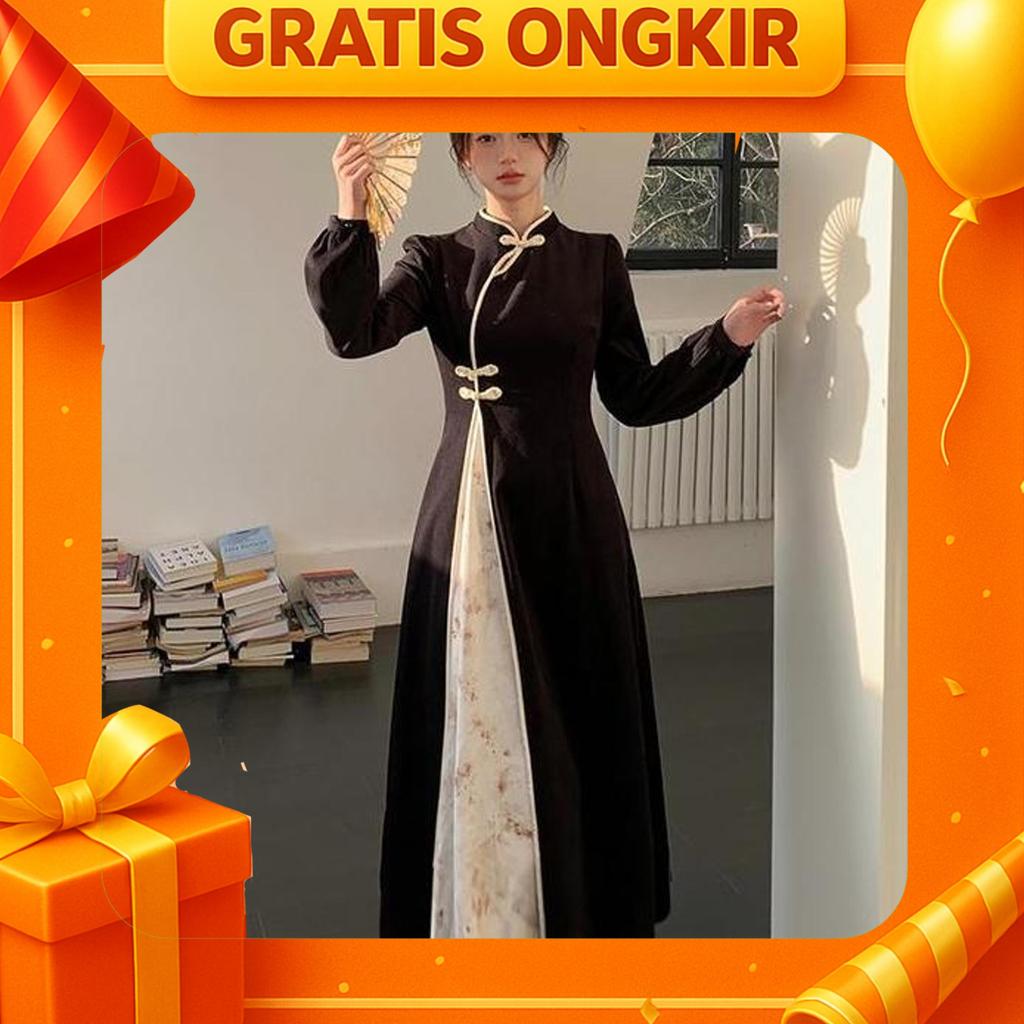 Dress Qipao Gaya Oriental Korea Vintage Retro Klasik Dress Panjang Cheongsam