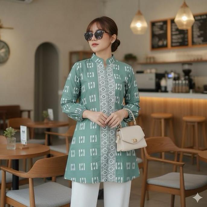 Shanaya Baju atasan batik wanita Tunik Lengan balon Sage green Zipper depan blouse elegan di pakai u