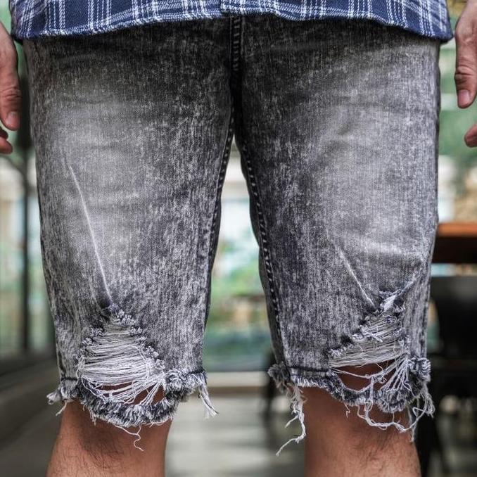 Weird Jeans - Mist Grey - Celana Jeans Pendek Pria Ripped Strech