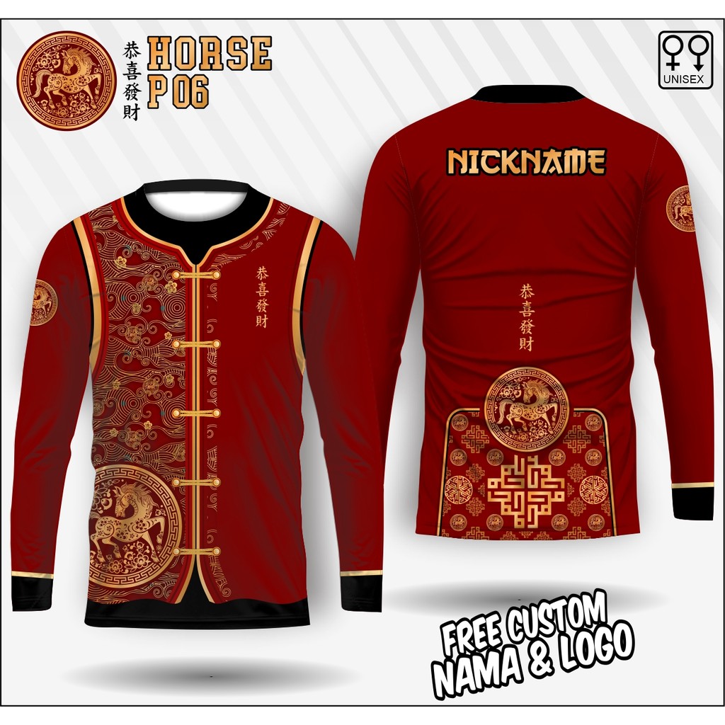 jersey imlek pria shio kuda 2026 lengan panjang kaos cheongsam pria shio kuda kaos imlek gong xi fa 