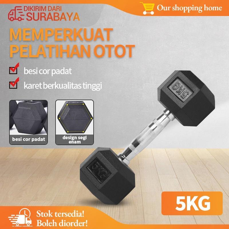 Hex Rubber Dumbell Hitam 5 Kg/Dumbell Karet Hexagonal 5 Kg/Barbel Karet Segi Enam 5 Kg