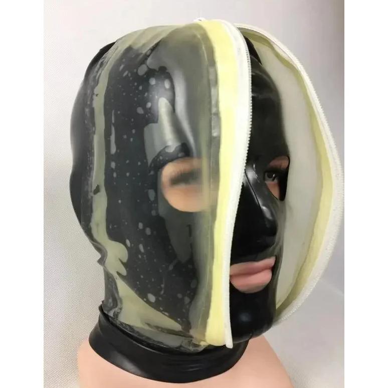 100% Latex Hood Rubber Fetish Cosplay Black Transparent Double Layer Hood 0.4mm
