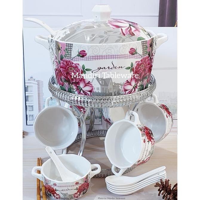 Soup Tureen Set Keramik with Rack Fiorenza | Mangkok Sop | Motif Garden | Best Quality