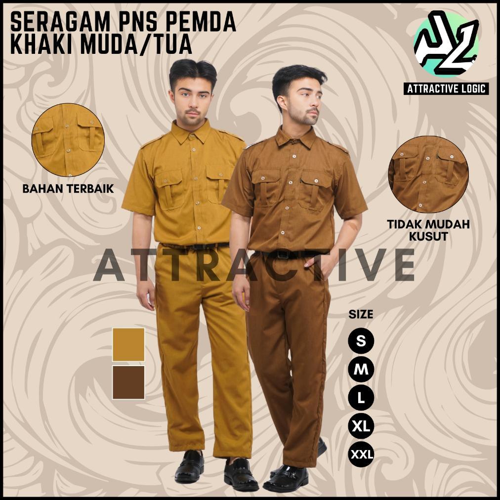 SERAGAM PNS PEMDA WARNA KHAKI MUDA PRIA LENGAN PENDEK - ATTRACTIVE
