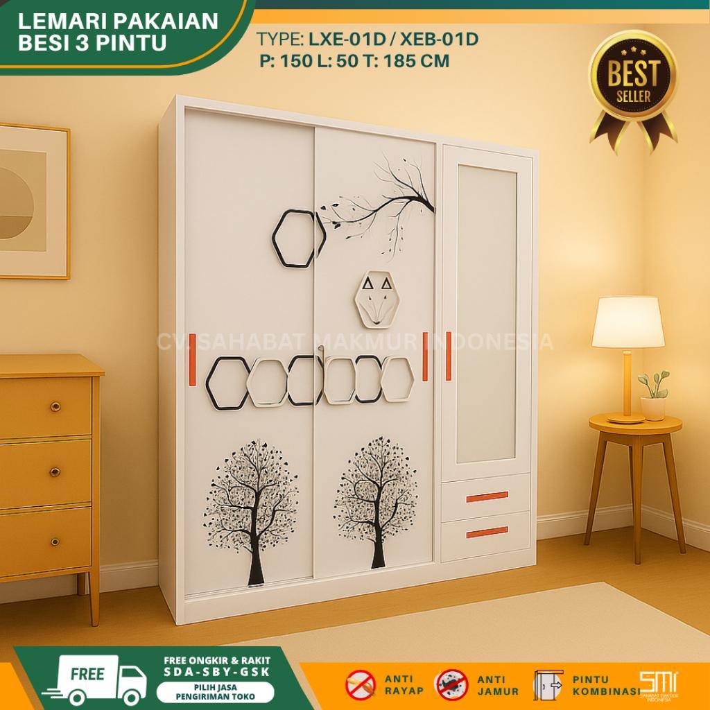 Lemari Besi Jumbo 150Cm - Lemari Baju 2 Pintu Lemari Pakaian Sliding 3 Pintu Lemari Besi Almari Baju