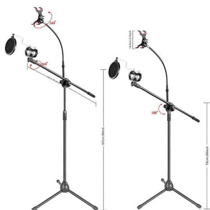 Volk- Stand Microphone Degree Stand Mic Lantai Berdiri Microphone Dengan Holder Hp Tripod Mic Conden