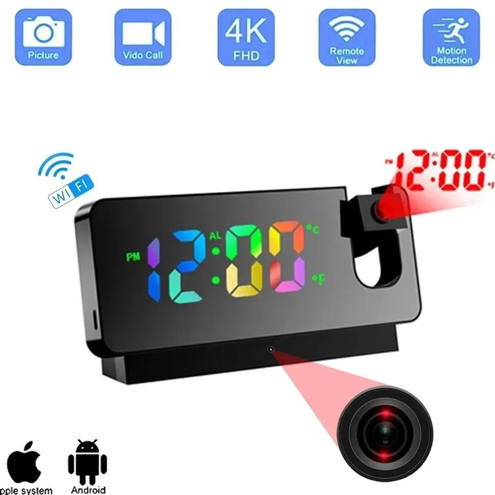 Color Projection Alarm Clock Mini Camera Projection Clock HD 4K WiFi Motion Detection Wireless Mini 