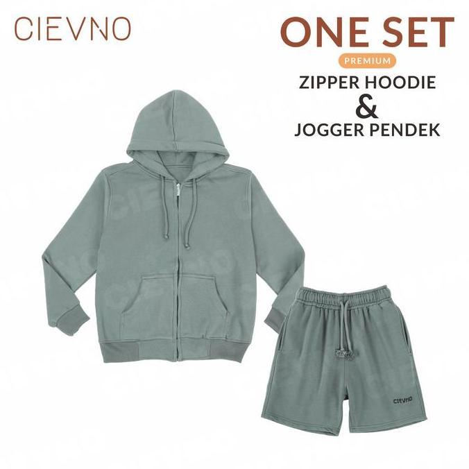 CIEVNO - ONE SET HOODIE ZIPPER + CELANA PENDEK PREMIUM SEAGREEN ( PRIA & WANITA ) sweater jaket Dist