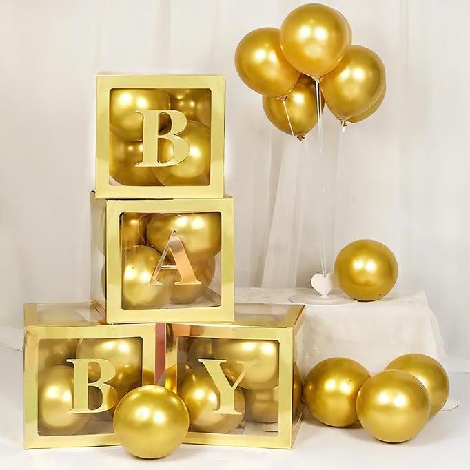 Ptyt- 4Pcs Putih Emas Box Balon Transparan /Box Balon Dekorasi /Box Huruf Transparan Baby One