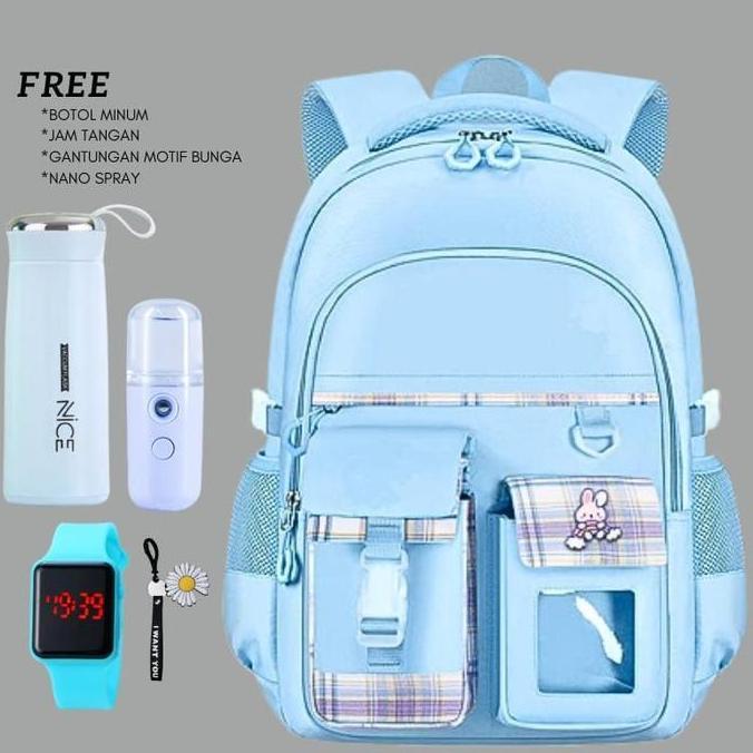 Kyut- Tas Ransel Korean Mika 5In1 Ransel Anak Sekolah Sd Smp Remaja Bonus Jam Tangan Botol Minum Nan