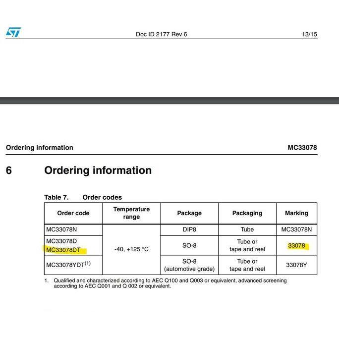 MC33078DT MC33078 LOW-NOISE DUAL OPERATIONAL AMPLIFIER SO-8 33078 STMICROELECTRONIC ORIGINAL