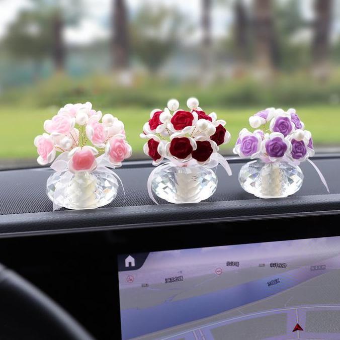 [ FREE 1 BOTOL PARFUM ] Pajangan Dashboard Bunga Kristal Mewah Hiasan Mobil Mawar Merah Elegan + Par