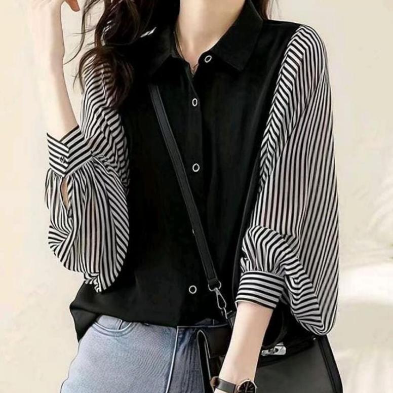 Laila kemeja rayon twill kombinasi salur atasan tangan balon Nyaman Wanita Simple Formal Putih