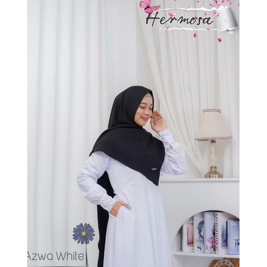[Gamis Hermosa]Gamis Hermosa Bahan Wolfis Embos Motif Azwa Putih-Gamis Manasik Haji-Gamis Umroh Kanc