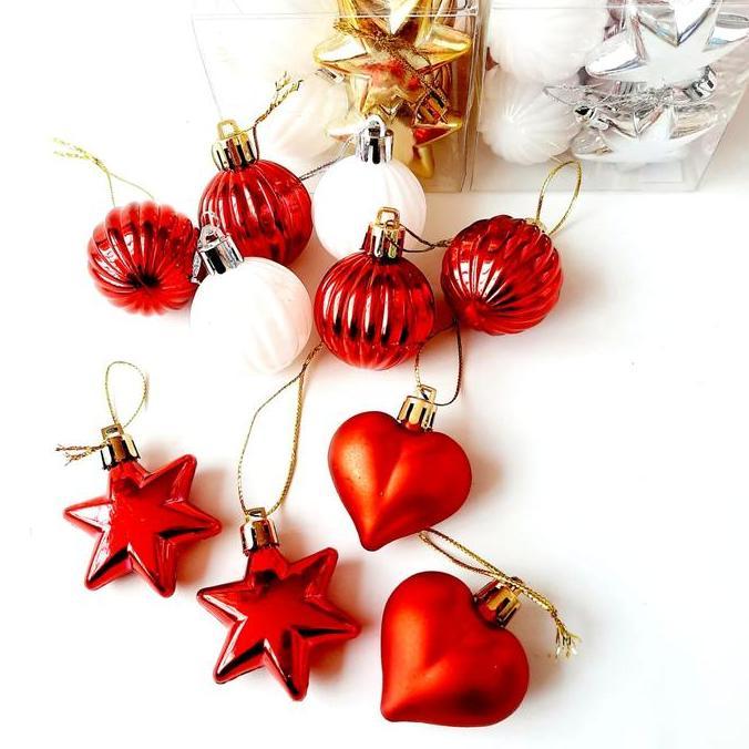 Bola Natal Mix Isi 10 Hiasan Bintang Hati Bola Natal Merah Putih Murah