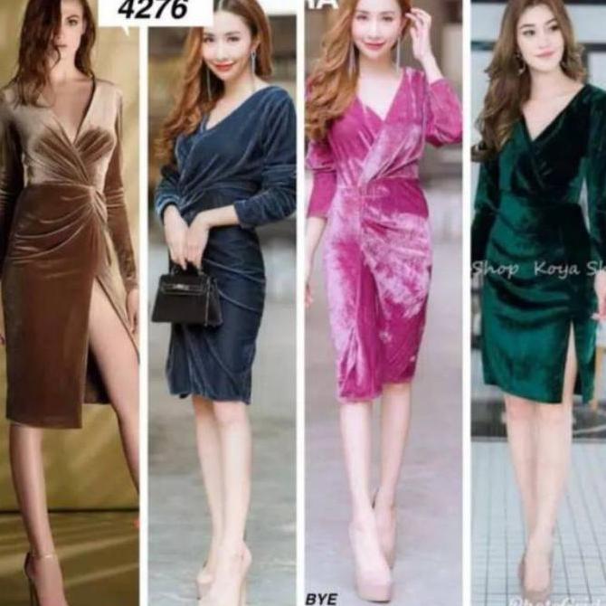 Keyna Midi Dress Bludru V-Neck Long Sleeve Baju Wanita Casual Panjang