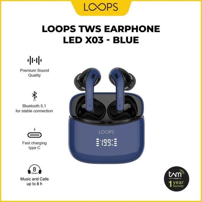 Loops Tws Earphone Led X03 Blue - Original