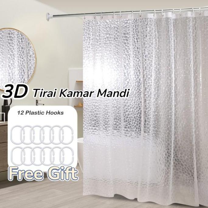 [Bawalah 12 C Hooks] Tirai Kamar Mandi 3D/ Bahan EVA Tahan Air Dengan Tautan/ Kamar Mandi Pvc Tirai 