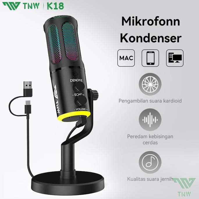 TNW K18 Microphone Condenser USB Type-C Mikrofon with RGB Dynamic MicCondenser Zero Latency untuk PC