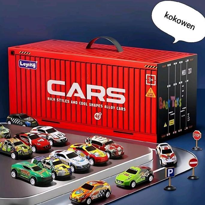 Berkualitas (1 Kotak 4 Rak / 48 mobil bonus peta) mainan mobil mobilan Toy metal pullback kado hadia
