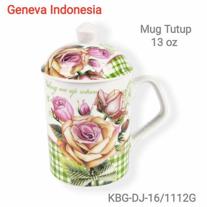 Bestone- Mug Tutup / Cangkir Tutup / Gelas Tutup 400 ml Keramik Motif Homeline