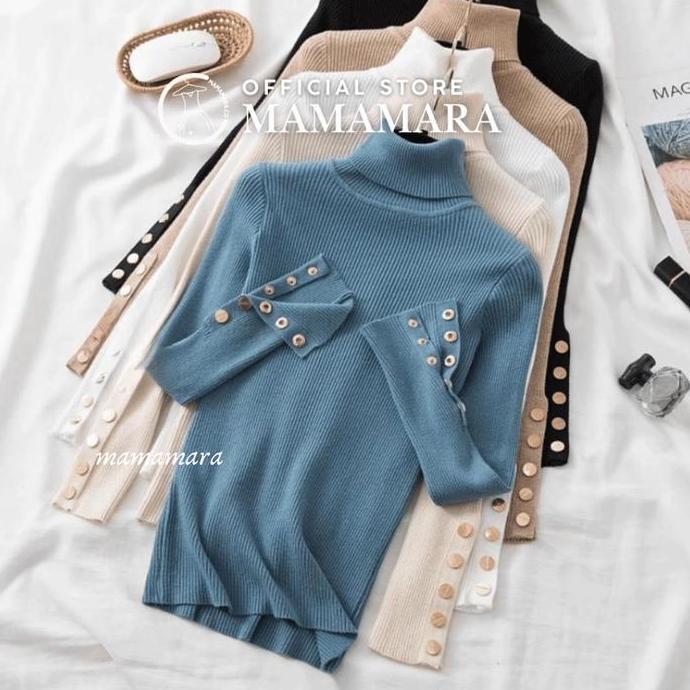 MAMAMARA - Inner Rajut Inara Turtleneck Kancing Aktif Wol Lembut Halus Slim-Fitting Atasan Panjang K