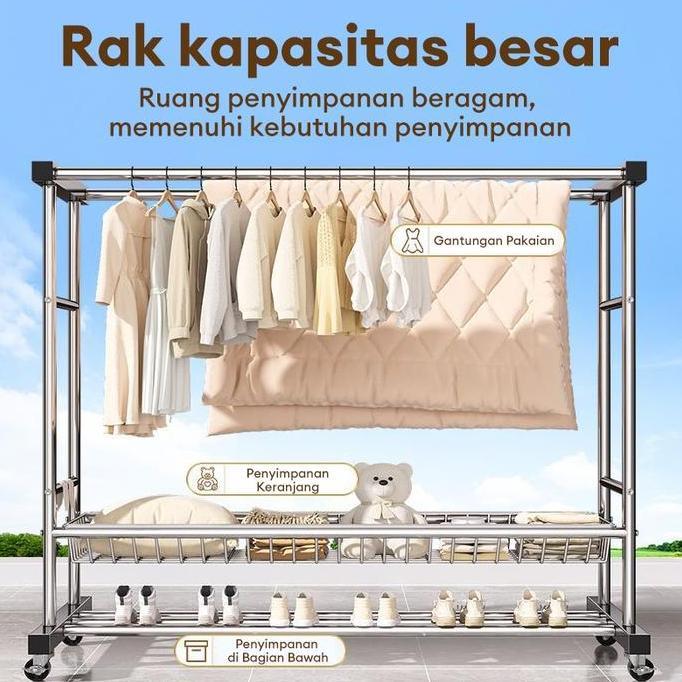 Jemuran Baju Besar Kokoh Stainless Steel Jemuran Baju Tabung Baja Gantungan Baju Berdiri Stainless