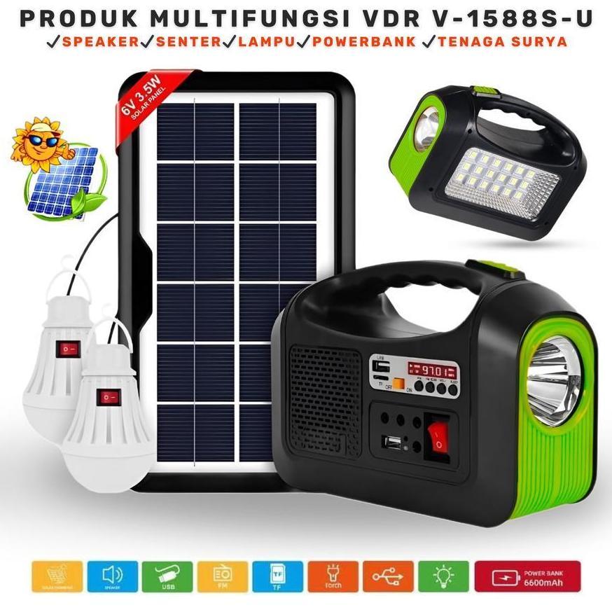 Solar Light Lampu Panel Surya VDR V-1588S-U Dengan 2 Bohlam - Solar Lighting System Lampu Emergency 