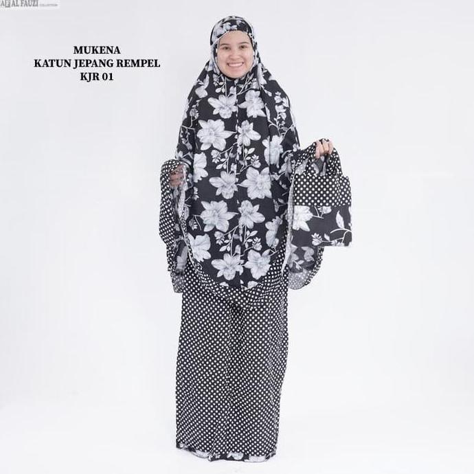 MUKENA KATUN JEPANG REMPEL TERBARU BUNGA PUTIH POLKADOT HITAM TERLARIS