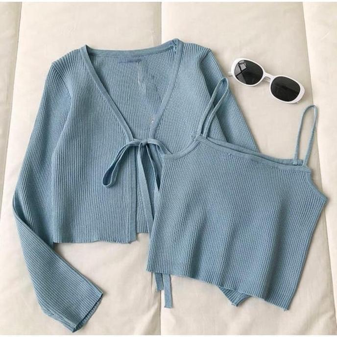 READY CARDIGAN KOREA SET / CRINUMA CROP SET Baju Panjang Wanita Rib Denim Remaja Atasan G00D QU4LITY