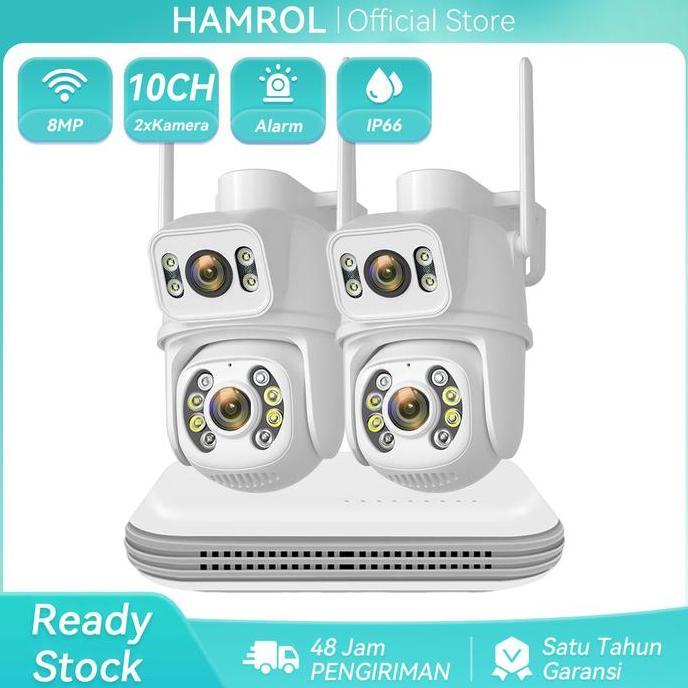 Hamrol Paket CCTV 10 Channel 2 Kamera 8MP PTZ Tahan Air+NVR Nirkabel Wifi  Camera Wireless