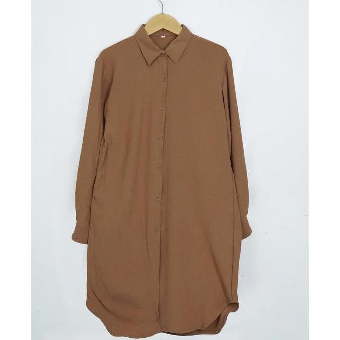 Newrelig- Kemeja Tunik Polos Wanita Lengan Panjang Jumbo Atasan Muslim Panjang Kancing Hitam Oversiz