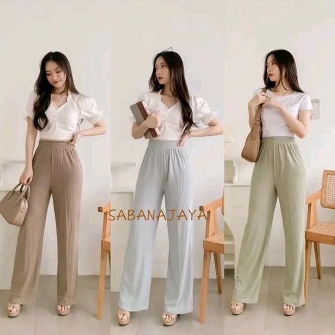 DF345 - CELANA KULOT PANJANG HW RIB KNIT PREMIUM PINGGANG FULLKARET Wanita Pant Dewasa Waist Casual 