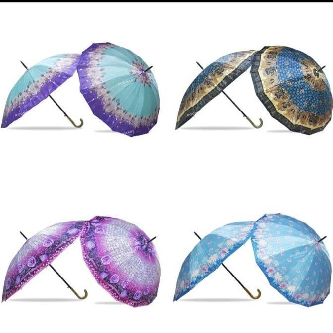 Payung Panjang 16 Jari Saten/Payung Warna Motif Bunga Batik Random