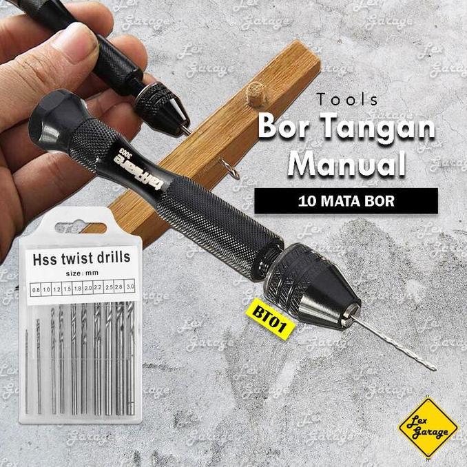 Tools- Bor Tangan Manual Mini Hand Drill + 10 Mata Bor Set Kayu Besi Hss