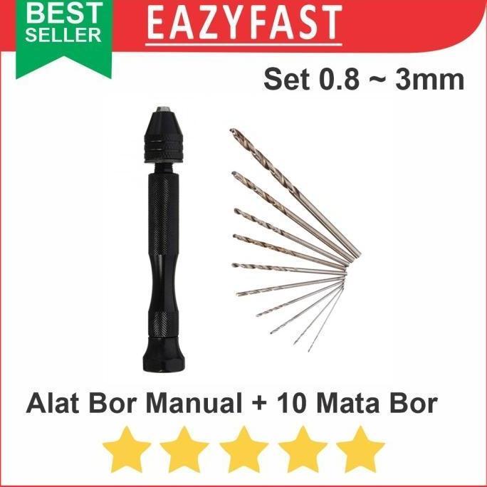 Tools- Alat Bor Mini Manual Drill Twist Set 10 Mata Bor Hss Bit Kayu Plastik