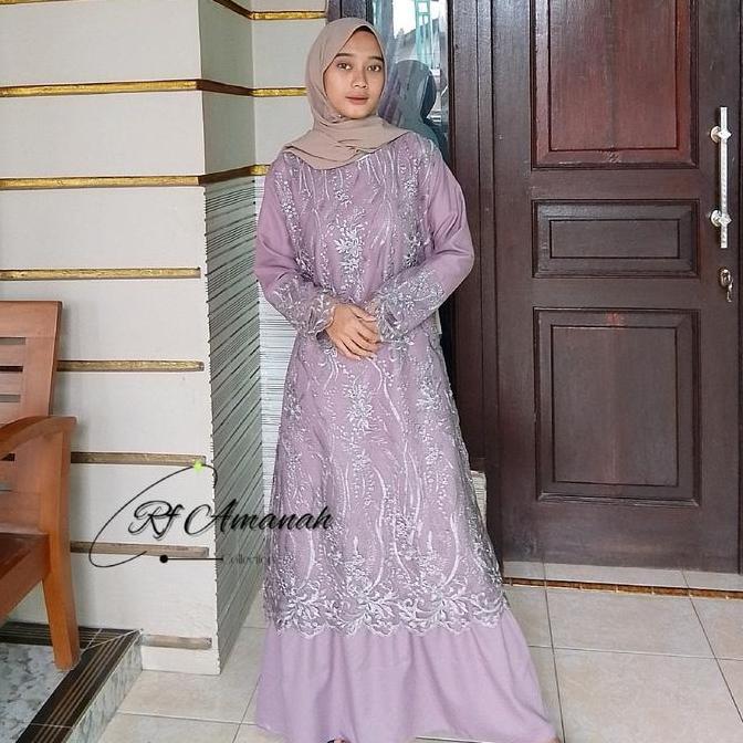 Regreg- Gamis Brokat Bunga Tebal Tile Mutiara Elegan Kain Mewah Pesta Gaun Wanita Muslim
