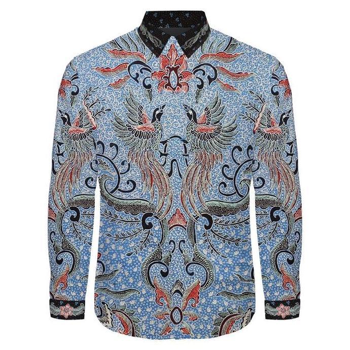 kain batik tulis asli sutra atbm motif pola kemeja latar biru
