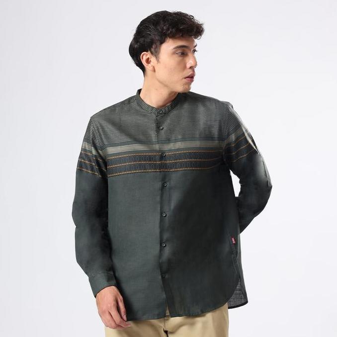 DISKON EDWIN JEANS - KEMEJA KOKO PRIA LENGAN PANJANG AZKHA ARMY GREEN BAJU MUSLIM PRIA TOP MAN MUSLI