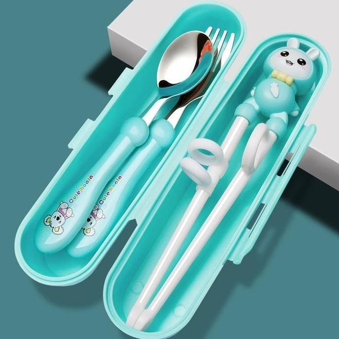 New- Set Alat Makan Stainless 4 In 1/ Set Sendok Garpu Sumpit Anak Free Tempat /Sendok Sumpit  Latih